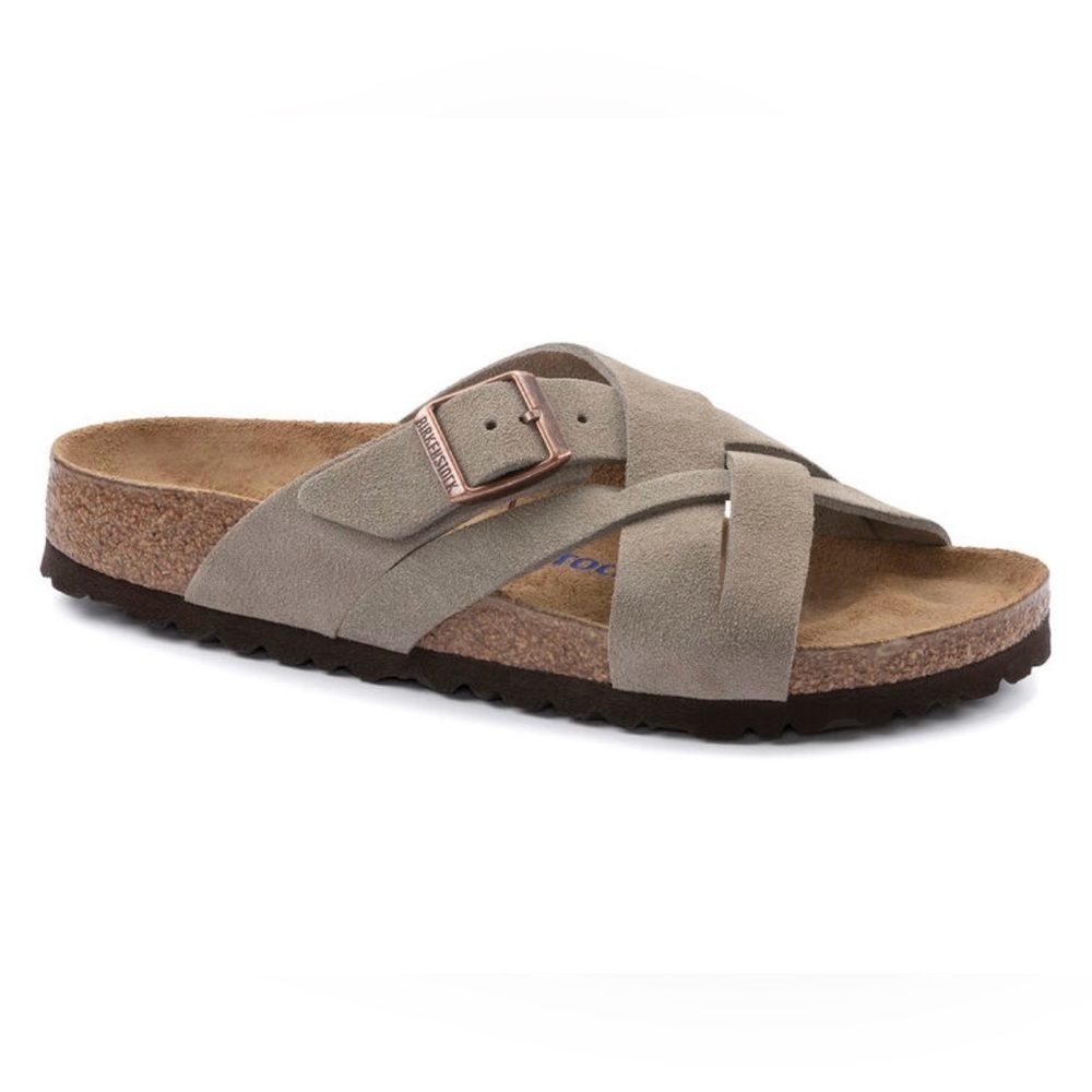 NWT Birkenstock Lugano Soft Footbed Suede Leather Taupe Sandals Men’s Sz 44/11 - Picture 2 of 10